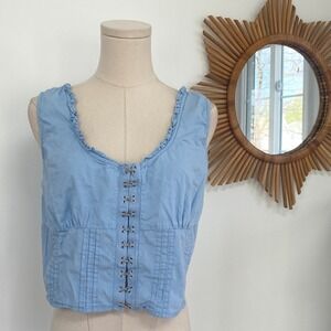 Japna Blue Cotton Corset Babydoll Cropped Tank Top Ruffle Cottagecore L